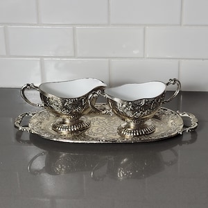 Victorian metal Creamer and Sugar Bowl with Matching Tray Japan