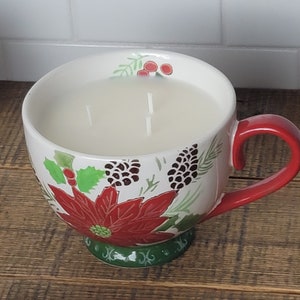 CINNAMON Candle Christmas Poinsettia Mug Soy Wax 3 Wick