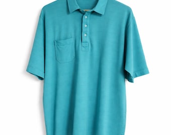 Vintage 1970s Mens Golf Shirt Square Button XXL Teal Polo