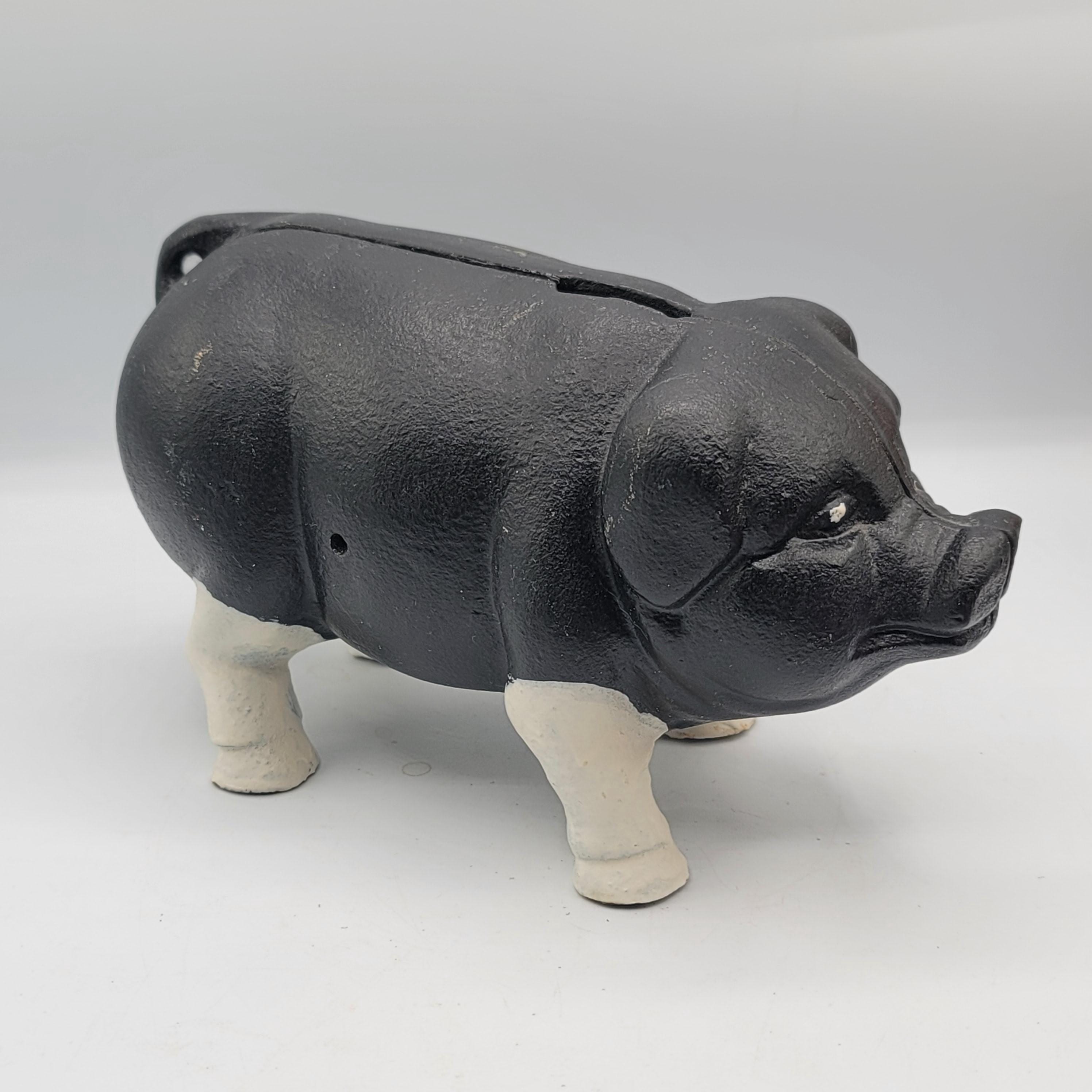 Antique Cast Iron Piggy Bank Black & White Pig Coin Bank Farmhouse