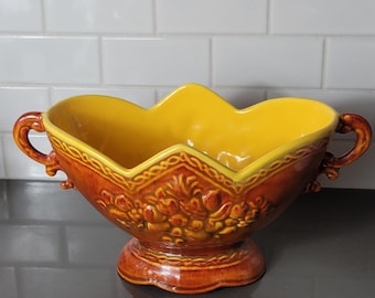 Vintage Ceramic Orange w/ Leaf Design Footed Planter Bowl signed Chapleau Canada