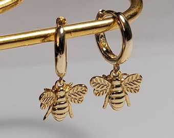 Dangling Dainty Hoop Earrings Bee Earrings 925 Gold Tone