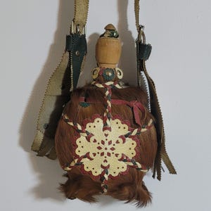 Vintage Folk Art Hungarian Canteen Kulacs Fur Leather Handmade