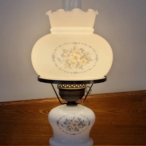 Vintage White Lamp, Accent Lamp, Floral Hurricane Lamp 1950s
