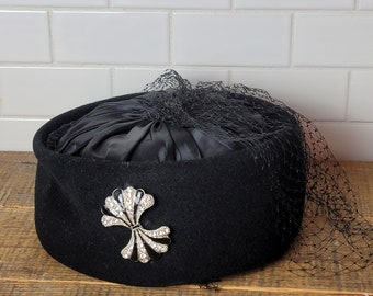 Vintage Pillbox Hat, Black Pill Box Rhinestone , Ladies Black Hat USA