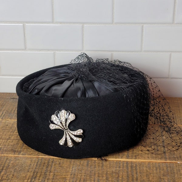 Vintage Pillbox Hat, Black Pill Box Rhinestone , Ladies Black Hat USA