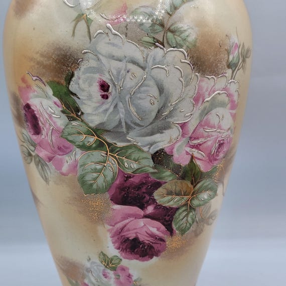 Antique Vase Victorian Hand Painted Floral Gilded Roses 12 Inches