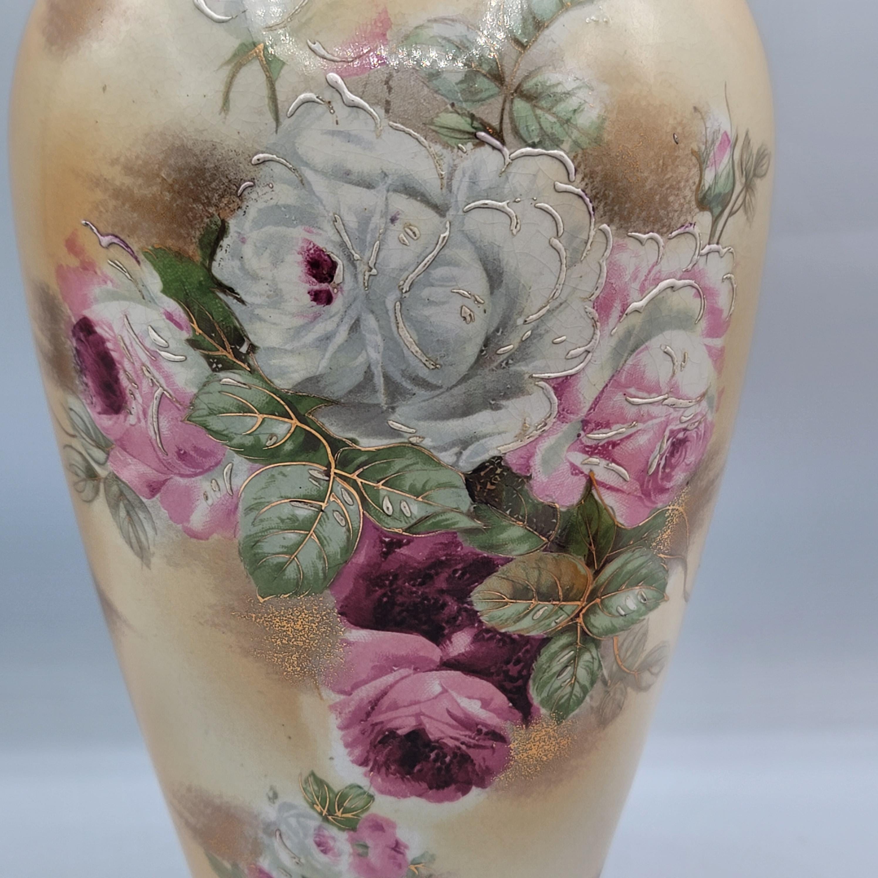 Glided Roses Antique Vase Victorian Hand Painted Floral Gilded Roses 12 Inches - Etsy