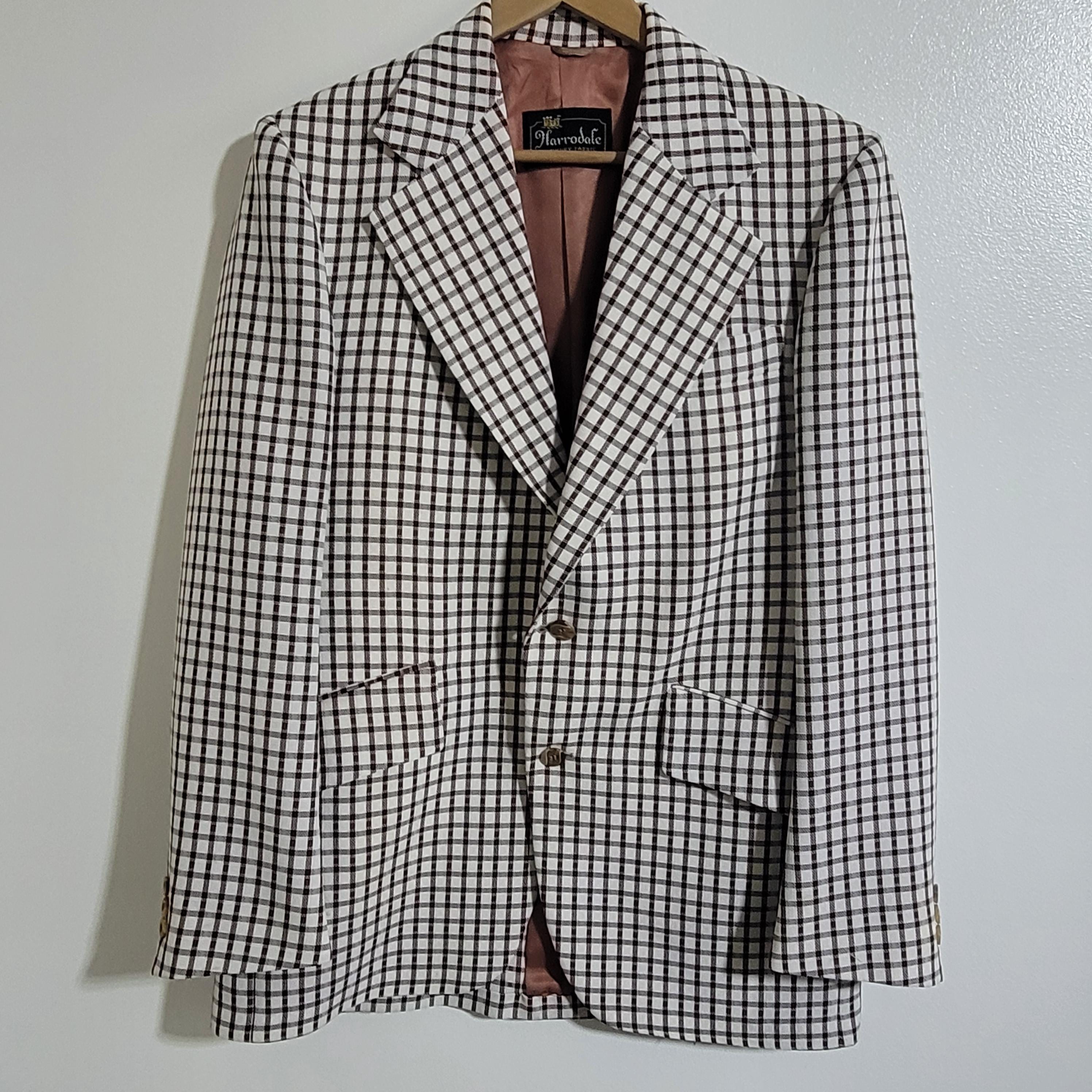 70s Mens Sports Coat Suit Jacket 42R Brown White Polyester Vintage 
