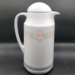 Vintage White Floral Print Insulated Thermos Bottle Coffee Carafe Pitcher w/Lid