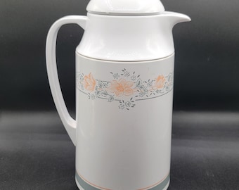 Vintage White Floral Print Insulated Thermos Bottle Coffee Carafe Pitcher w/Lid