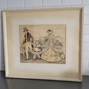 Antique Godey Fashions Etched Color Framed Print 1800 Fashion Signed Fardaux