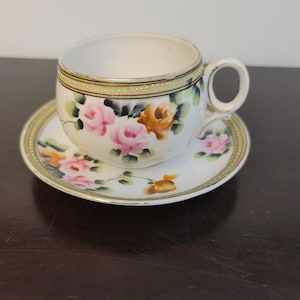 Vintage Nippon Tea Cup and Saucer Hand Painted Rose Flowers Gold Trim