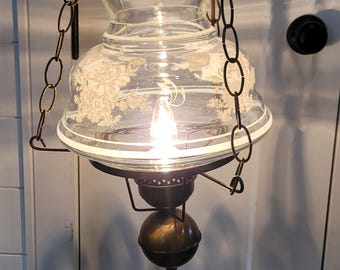 Vintage glazen kap bronzen orkaan plafond hangende swag lamp