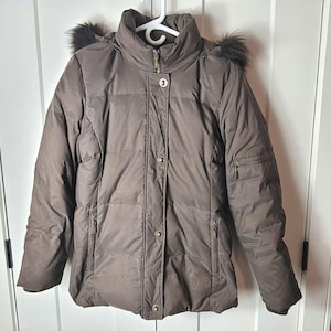 Womens Down Feather Puffer Coat Size M Brown Hooded Fox Fur