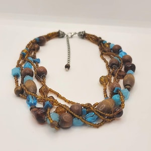 Vintage Standed Wood Bead Necklace | Boho Necklace Turquoise Brown 14&quot;