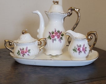 Vintage DOLLHOUSE Teapot Cream Sugar with Tray Floral Design Bone China Miniature