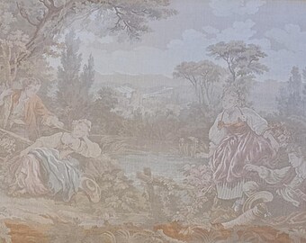 Antiek wandtapijt: elegant theekransje, niet ingelijst (41 x 27)