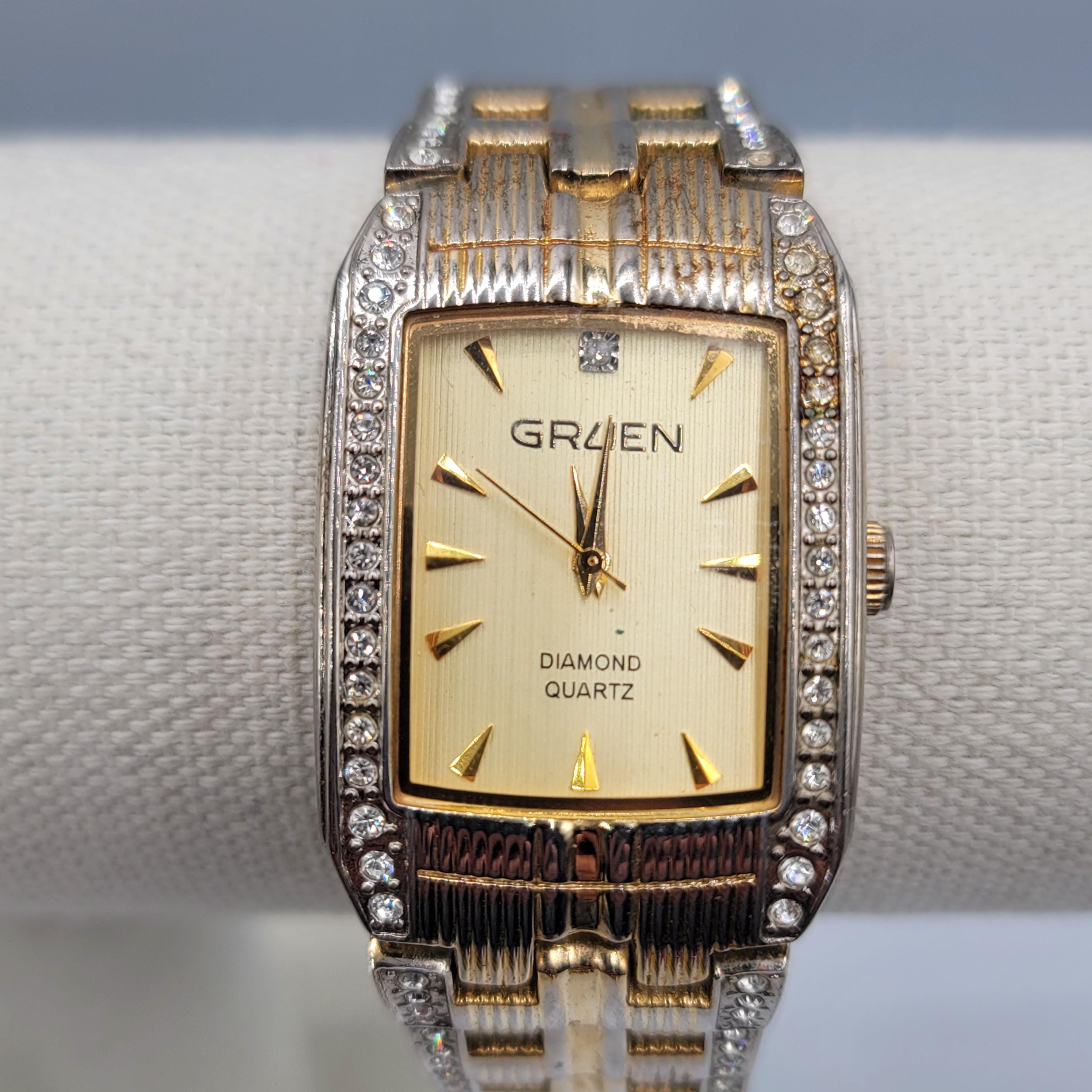 Vintage Men Watch Gruen Quartz Gold Tone Faux Diamonds Stone