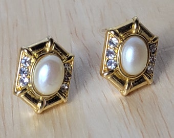 Vintage Pearl Diamond Earrings Push Back Costume Jewelry