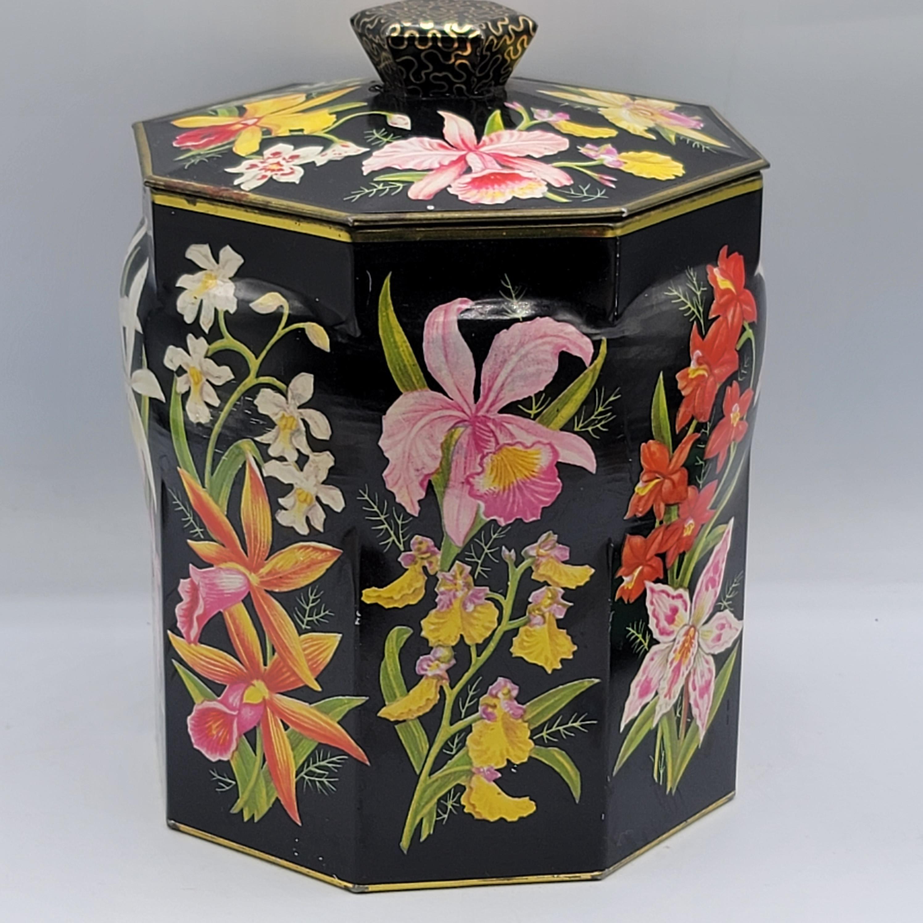 アンティーク ブリキ缶 ブラック 花柄 ラベルあり アンティーク ブリキ