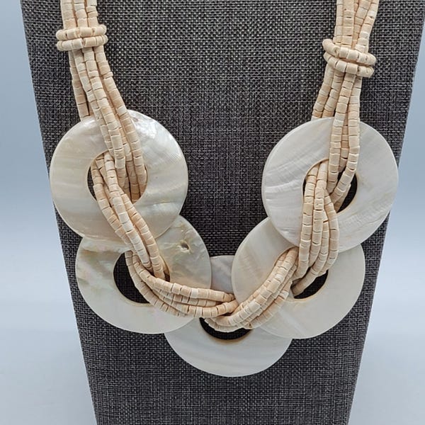 Mother of Pearl Necklace Discs Braided Seed Bead Multi-Strand 18 inches