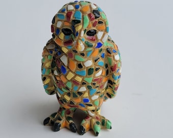 Mini Mosaic Owl Figurine Hand Painted Multicolor   Owl Figurine