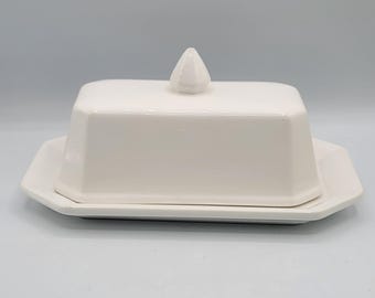 Mantequera de porcelana antigua con tapa blanca, libra de mantequilla