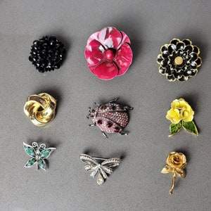 May include: Assortment of colourful brooches featuring a ladybug, a flower, a bow, and a butterfly. The brooches are made of metal and rhinestones.