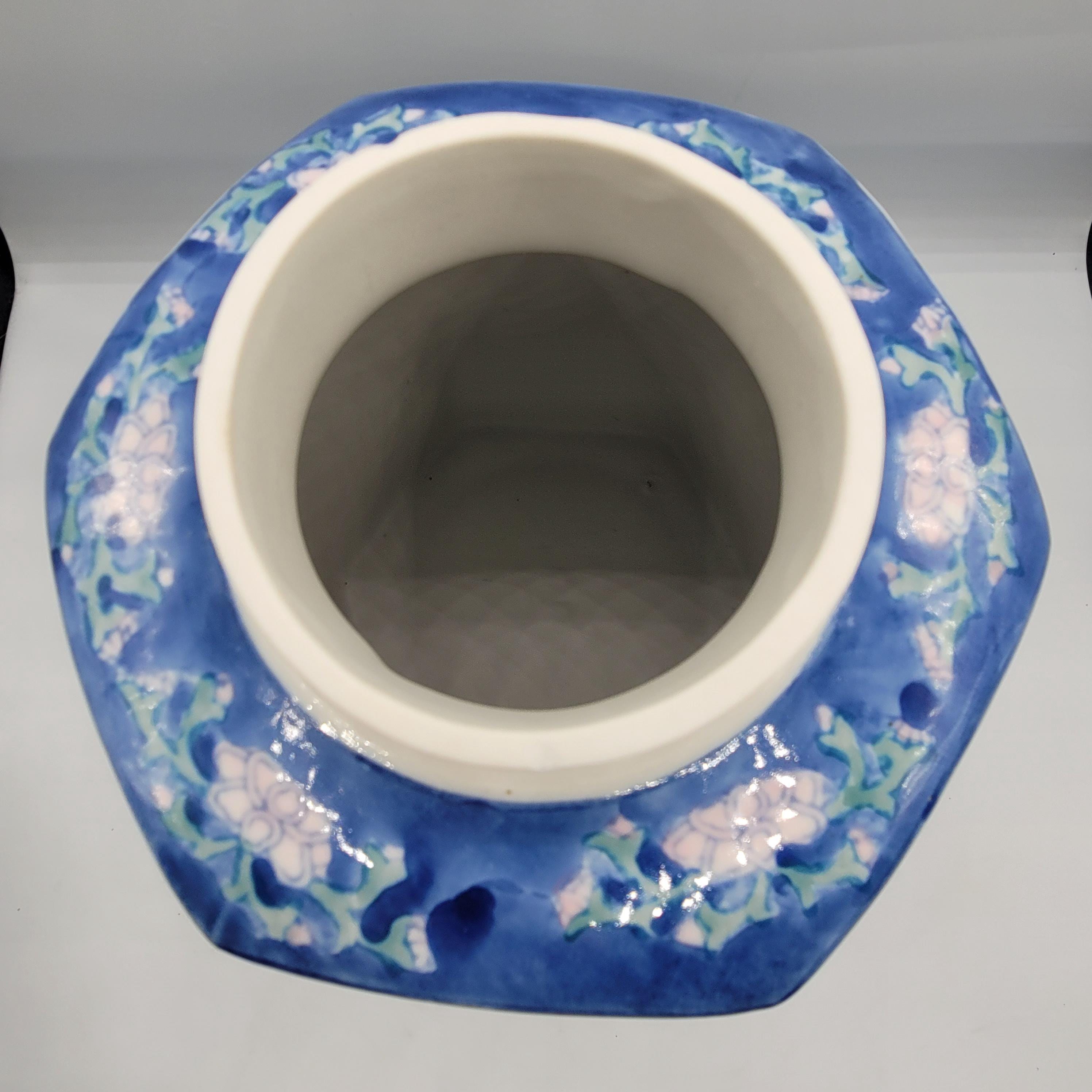 ヴィンテージ中国製花瓶 花柄 六角形 手描き 8.5インチ 刻印あり
