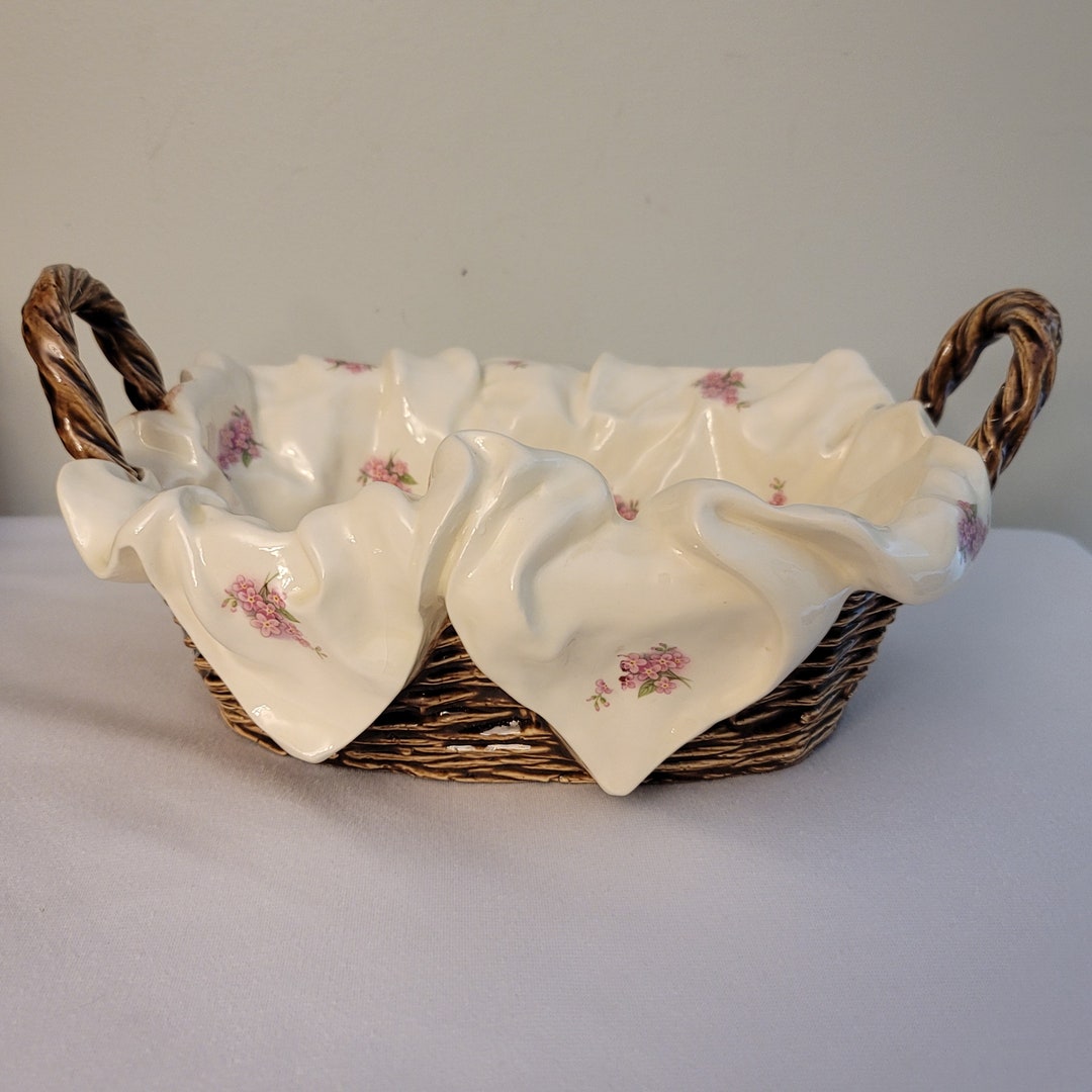 Vintage Ceramic Bread Basket With Floral Design Double Handle Floral