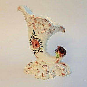 Vintage Italy Cornucopia Horn Vase Flowers White Gold Signed Trim
