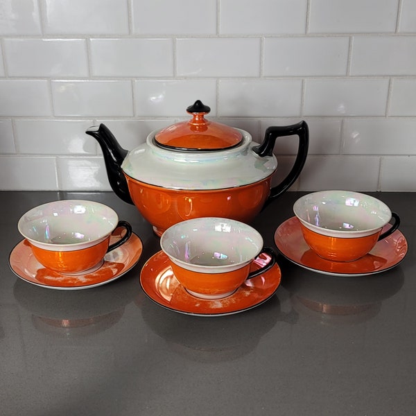 Art Deco Black Orange mother of pearl Luster Teapot Set Teacup Saucer