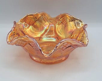Amber Marigold Carnival Glass Bowl Candy Dish Ruffled Edge