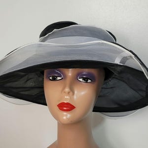 Vintage Ladies Hat Black White Mesh Wide Brim Bow Church Kentucky Derby Big Hat