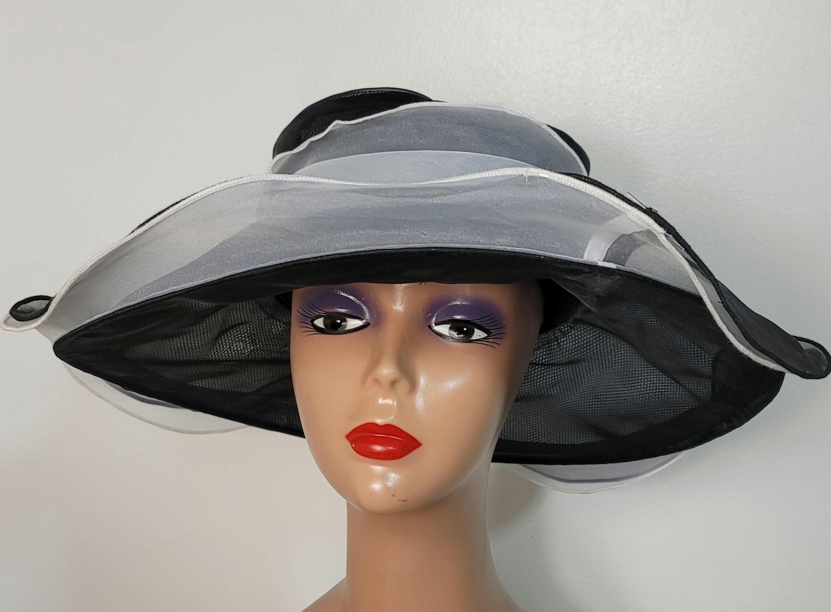 Cappello da donna vintage, nero, bianco, a rete, con tesa larga e