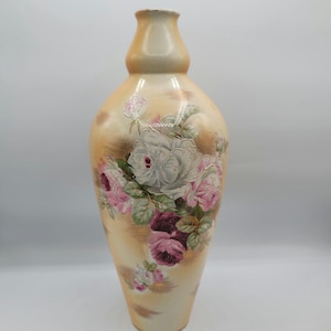 Antique Vase Victorian Hand Painted Floral Gilded Roses 12 inches
