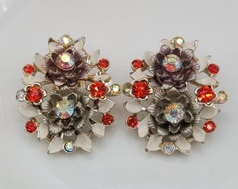 BSK Flower Cluster Clip On Earrings Rhinestone Lilac Floral Enamel Signed