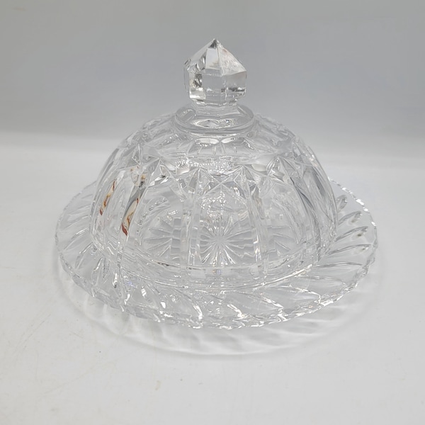 Vintage Crystal Glass Small Pinwheel Star Butter Dish Dome
