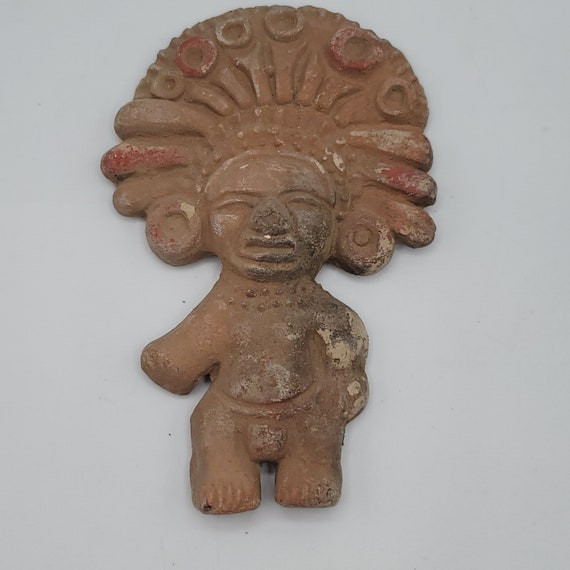 Sculpture Ancienne Guerrier Aztèque – Statue Maya En Turquoise Bleu – Décor Mexicain