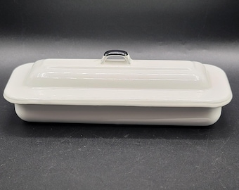 Vintage White Enamel Dish with Lid, Butter Dish