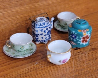Vintage Miniature Dollhouse Porcelain Teapot Teacup Ginger Jar