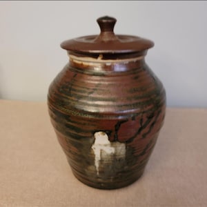 Studio Art Pottery Jar with Lid Brown Handmade Decorative Leaves
