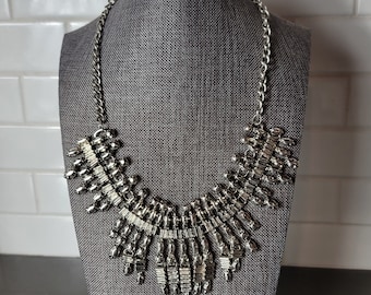 Vintage Silver Bib Necklace Statement Collar Fringe Bold Retro Jewelry