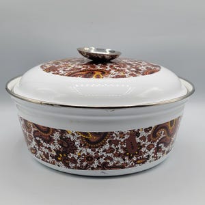 Pot Dutch Oven 3 pt And Lid Vintage Brown Paisley Mod Enamelware Pot and Pan