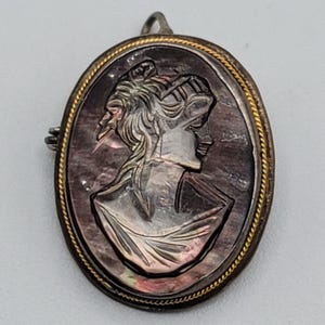 Antique Black Cameo Pendant Brooch Pin Mother of Pearl Art Nouveau Jewelry