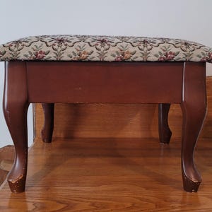 Vintage Footstool Tapestry Ottoman French Country Wood Foot Stool Beige