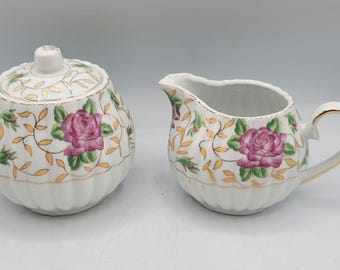 Vintage rosa Rose Milchkännchen und Zuckerdose Set Porzellan Blumen Tee-Set Goldrand