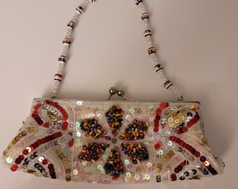 Vintage Clutch Purse | Multicolor Beaded and Glass Beads Clutch Purse with Handle | Evening Fun Clutch Purse