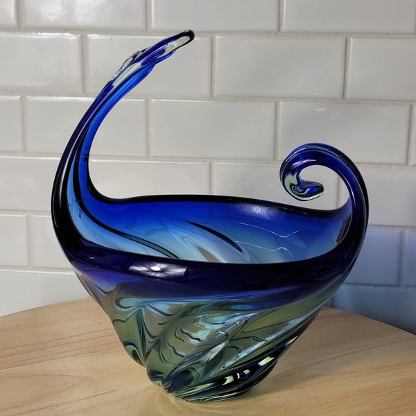 Murano Art Glass Bowl Italy Hand Blown Blue Green Wave